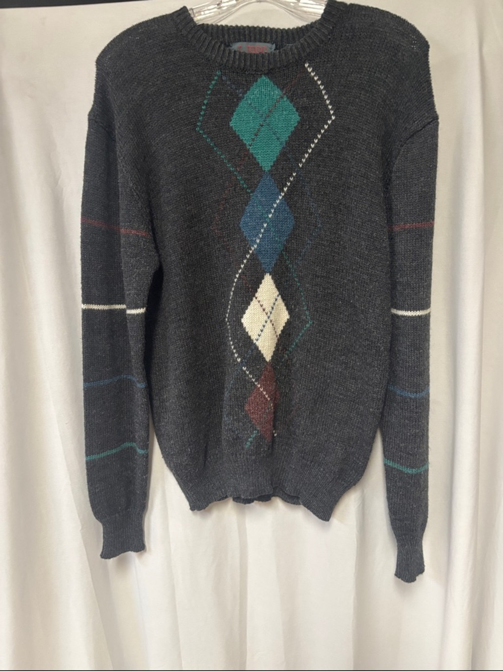 Vintage J. Todd Charcoal Argyle Crewneck Sweater with Teal & Cream Accents